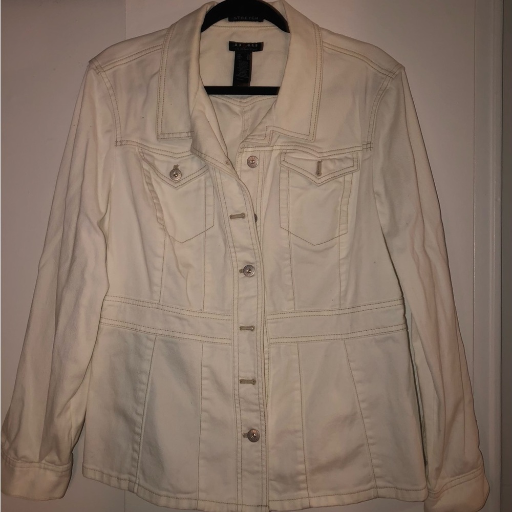 White denim jacket XL with tan stitching.